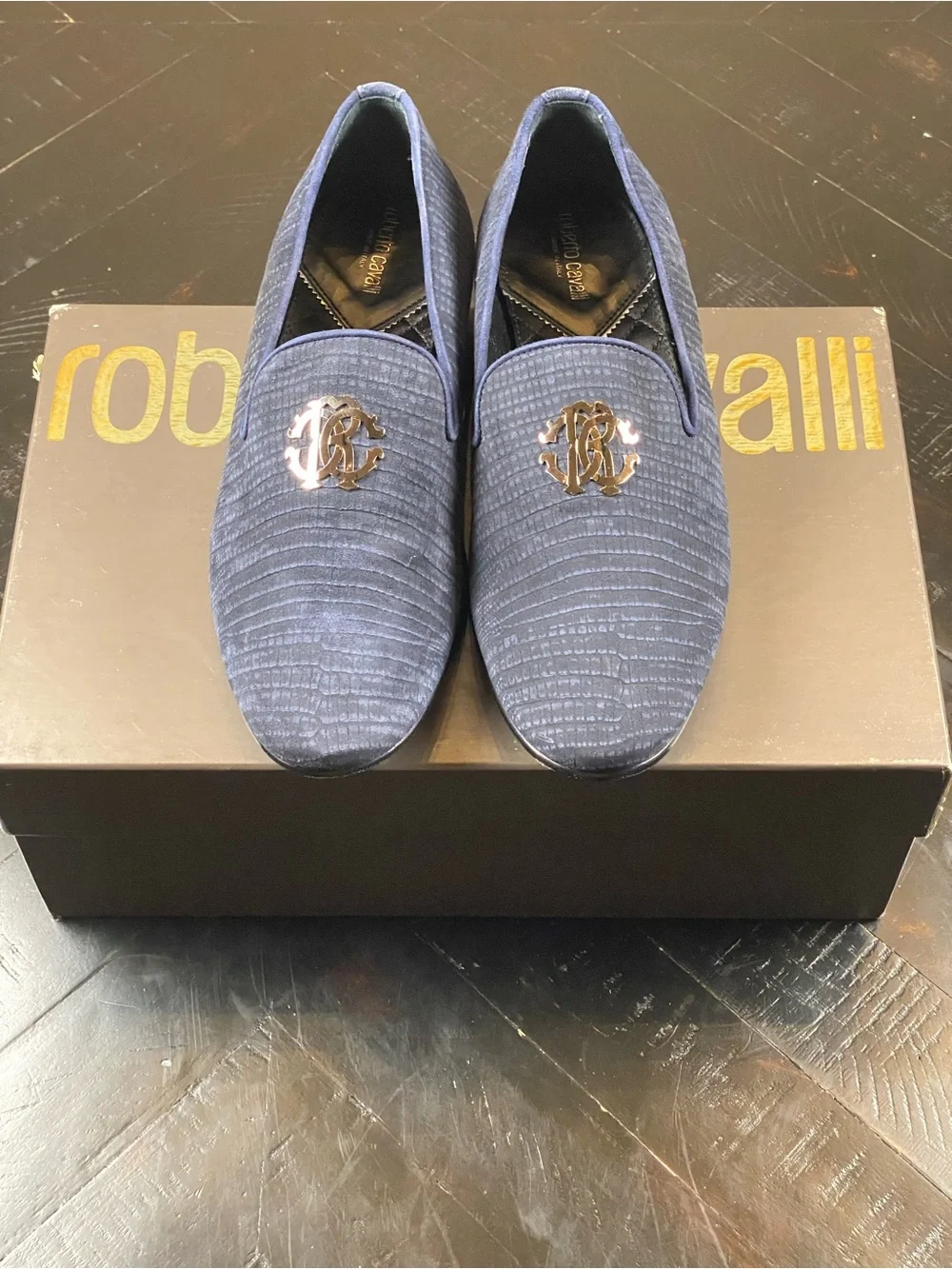 Roberto Cavalli Navy Textured Velvet Slip-On Loafers with Metallic Crest.